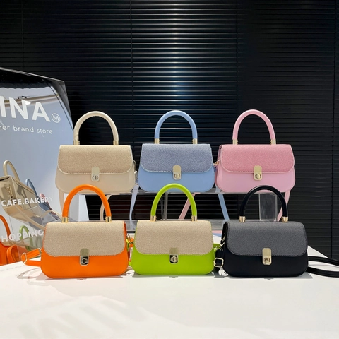 Women Crossbody Bag PU Leather Woven Patchwork Flip Cover Metallic Lock Top Handle Small Square Handbag Fashion