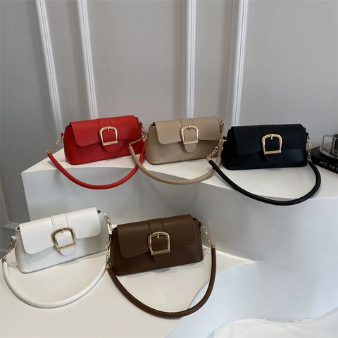 Minimalist Women PU Leather Underarm Shoulder Bag With Large Gold Horseshoe Buckle Retro Solid Color Flip Handbag