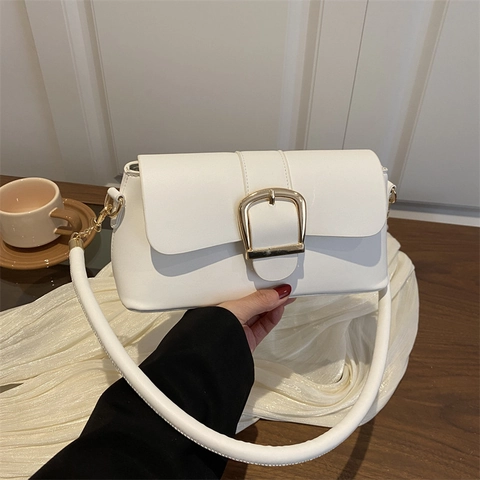Minimalist Women PU Leather Underarm Shoulder Bag With Large Gold Horseshoe Buckle Retro Solid Color Flip Handbag