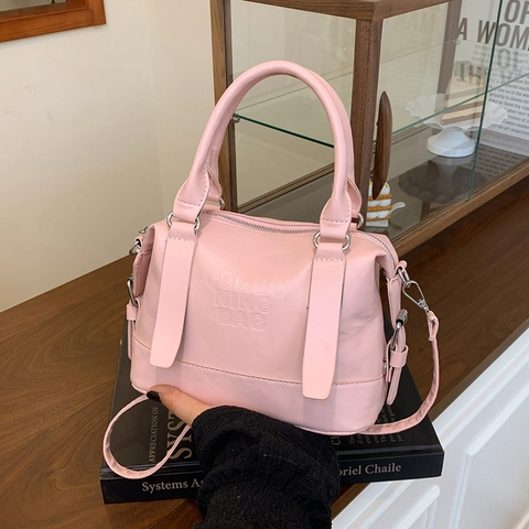 Bolso Boston de Cuero PU Minimalista para Mujer Color Sólido Con Relieve Bolso de Hombro Bandolera Con Correa Ajustable Bolso de Mano