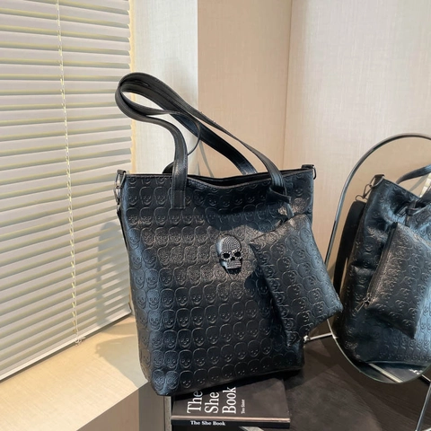 Borsa A Spalla Tote E Pochette Donna Nero Pelle PU Teschio Goffrato Strass Gothic Grande Capacità Casual