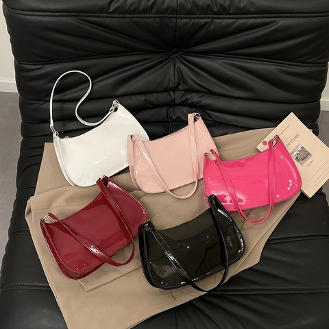 Women Korean Style Patent PU Leather Shoulder Underarm Bag 2025 Fashion Minimalist Solid Color Small Square Handbag