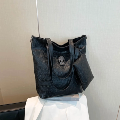 Borsa Tote in Pelle PU con Teschio Goffrato Gothic Punk E Pochette Borsa a Spalla Grande Capacità Con Teschio Di Strass
