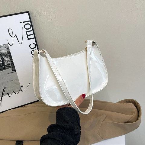 Damen Achseltasche Glänzendes PU Leder Einfarbig Schulter Hobo Handtasche Mode Lässig Elegant Dame