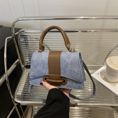 Bolso Bandolera Pequeño Cuadrado Vintage para Mujer Cuero PU Textura Denim Bolso de Hombro de Mano Color Contraste Anillo Metal