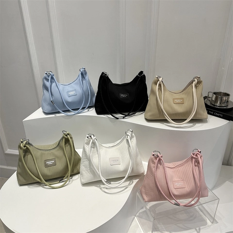 Bolso De Hombro Plisado A Rayas Para Mujer Bolso De Axila Casual De Pana Moda Color Sólido