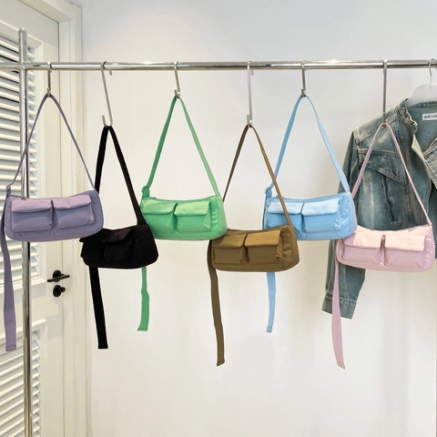Bolso De Hombro De Nailon Para Mujer Bandolera Ligera Con Dos Bolsillos Delanteros Minimalista Diario Color Caramelo