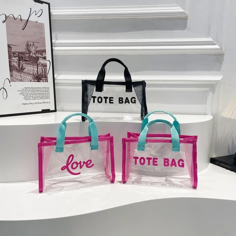 Mini Borsa A Mano Trasparente PVC Mesh Patchwork Impermeabile Spiaggia Casual Tote Bag Stampa Lettere Per Donne