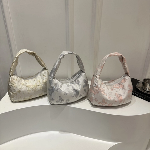 Borsa a Mano Donna Vintage Jacquard Farfalla Ricamo in Raso Borsa Sottobraccio Hobo Bag Dolce Francese 2025 Moda