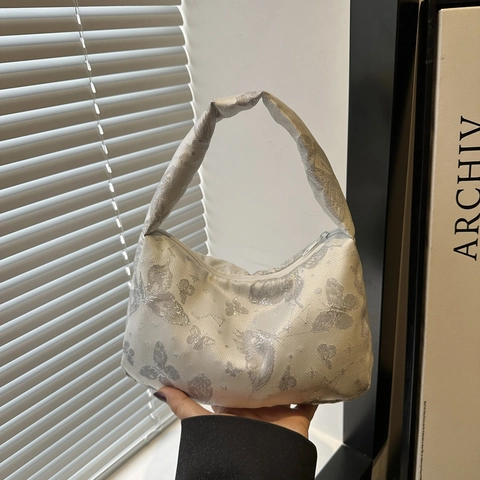 Women Butterfly Pattern Satin Underarm Bag Vintage Jacquard Handbag With Zipper Stylish Small Square Commuter Shoulder Bag