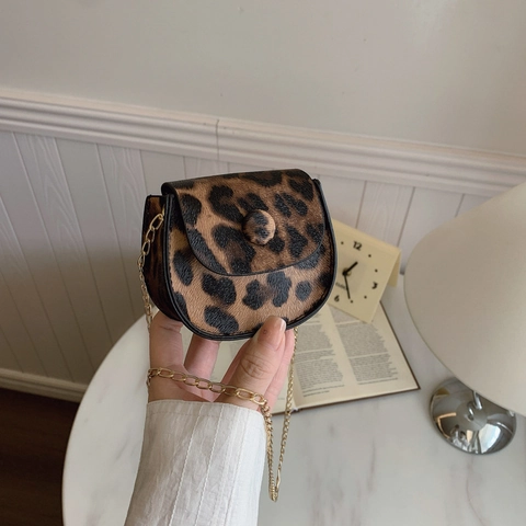 Borsa a Tracolla Mini da Donna con Stampa Leopardata Piccola Borsa a Sella in Pelle PU con Catena d'Oro Borsa a Spalla Versatile