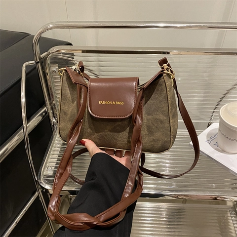 Borsa A Spalla Retrò Donna Pelle PU Tela Patchwork Patta Borsa A Tracolla Borsa A Mano Manico Intrecciato Minimalista