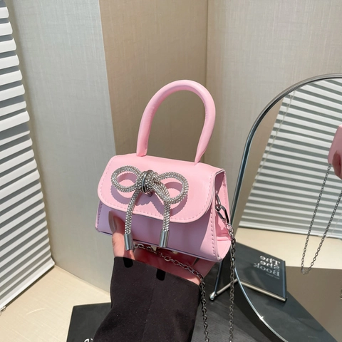 Mini Sac À Main Carré Cuir PU Nœud Strass Chaîne Bandoulière Style Français Niche Fête Pour Femmes