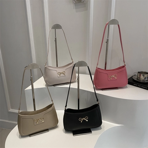 Fashion Women Bow Shoulder Bag PU Leather Elegant Crescent Armpit Bag Simple Solid Color Underarm Bag For Daily Life Travel