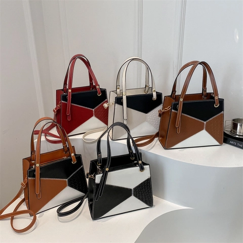 Borsa A Mano Da Donna In Pelle PU Con Patchwork Geometrico Borsa A Tracolla Chic Con Cuciture A Contrasto E Cinturino