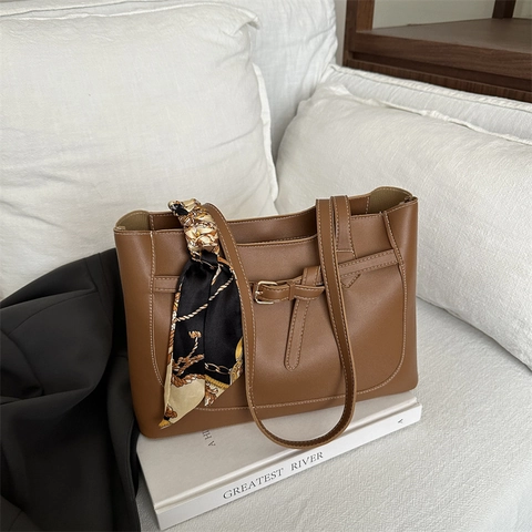Vintage PU Leder Tragetasche Große Kapazität Reißverschluss Pendler Schultertasche Mit Schal Elegante Minimalistische Damen
