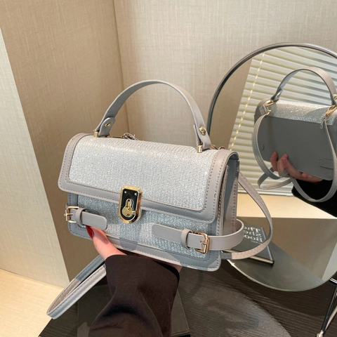 Women Shoulder Crossbody Bag PU Leather Glitter Handbag With Twist Lock Square Shape Fashion Evening