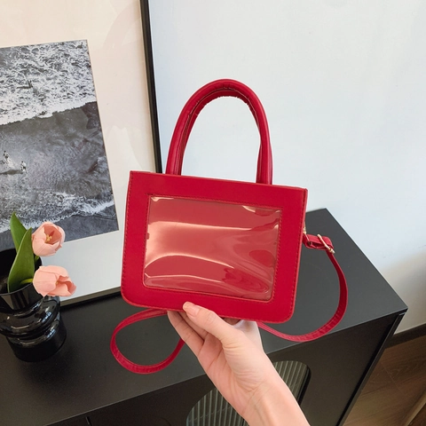 Bolso Ita de Cuero PU de Moda para Mujer Con Ventana de PVC Transparente Bolso de Mano Color Sólido Hombro Cruzado Moda Cuadrado
