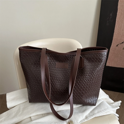 Bolso Tote de Cuero PU Tejido para Mujer Gran Capacidad Bolso de Hombro Urbano Moda Color Sólido Uso Diario Trabajo