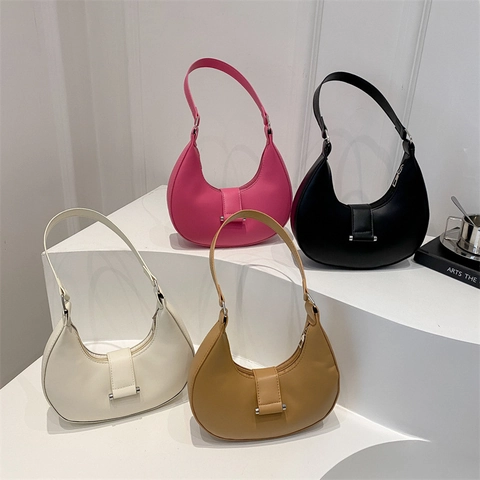 Trendy Women Minimalist PU Leather Crescent Hobo Shoulder Bag Solid Color Chic Underarm Purse With Metal Buckle Decoration