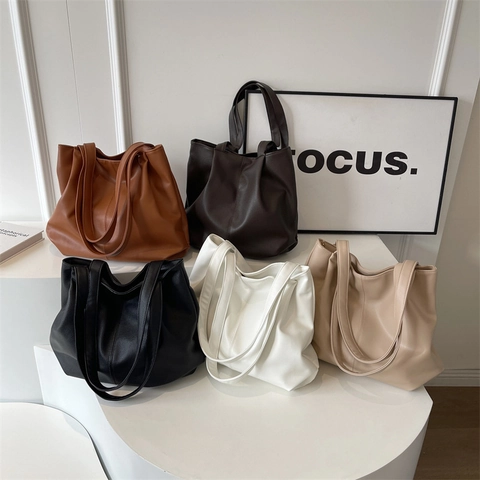 Bolso Tote Vintage Mujer Gran Capacidad Cuero PU Simple Bolso De Hombro Para Conmutar Escuela Diario Mano