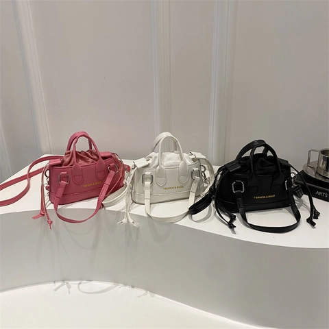 Mini Tote Bag PU Leather Lychee Pattern Drawstring Inner Crossbody Purse Adjustable Strap Chic Small Square Women