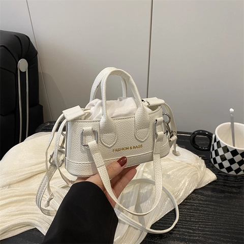 Mini Tote Bag PU Leather Lychee Pattern Drawstring Inner Crossbody Purse Adjustable Strap Chic Small Square Women