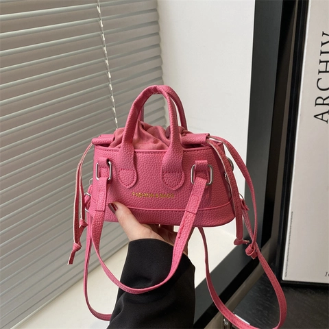 Borsa a Tracolla a Secchiello Mini da Donna Moda in Pelle PU con Texture di Litchi Borsa a Mano con Coulisse Interna Estiva Versatile