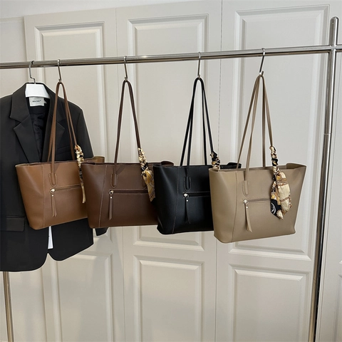 Women Large PU Leather Tote Bag Fashion Shoulder Bag With Satin Scarf Decor Commuting Horizontal Square Handbag Large Capacity Shopper