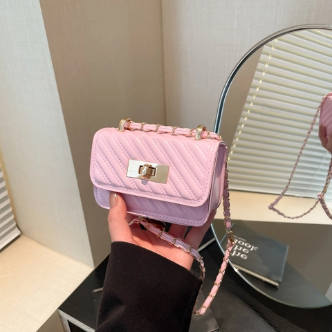 Mini Quilted Crossbody Bag PU Leather Chevron Chain Shoulder Bag Metal Turn Lock Chic Flap Handbag For Women