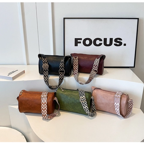 Women Vintage PU Leather Barrel Bag With Geometric Pattern Wide Shoulder Strap Casual Crossbody Pillow Bag For Daily Use