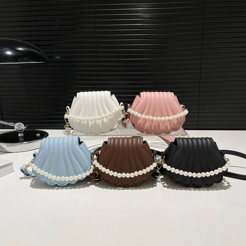 Shell Shaped Crossbody Bag PU Leather Artificial Pearl Handle Mini Shoulder Purse Elegant Solid Color For Women