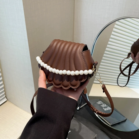 Shell Shaped Crossbody Bag PU Leather Artificial Pearl Handle Mini Shoulder Purse Elegant Solid Color For Women