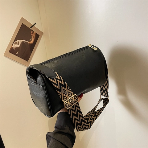 Women Barrel Crossbody Bag PU Leather Vintage Pillow Boston Style With Wide Patterned Jacquard Shoulder Strap