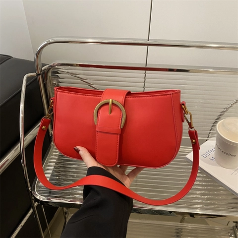 Minimalist Retro Shoulder Bag PU Leather Belt Buckle Decor Underarm Baguette Handbag For Women Elegant Solid Color