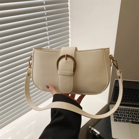 Women Vintage PU Leather Underarm Bag Minimalist Small Square Shoulder Bag With Golden Buckle Casual Daily Crossbody Bag