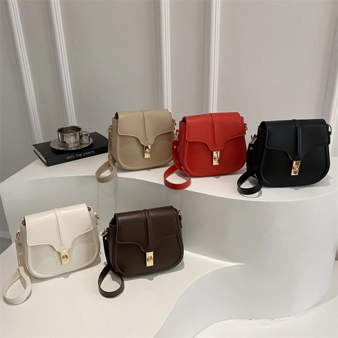 Bolso Silla de Cuero PU Retro para Mujer Cubierta con Solapa Hebilla de Metal Dorado Bolso Bandolera Moda Color Sólido Street Trend