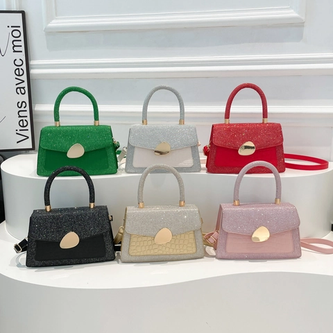 Women Crossbody Bag Retro PU Leather Crocodile Pattern Sequin Splicing Metallic Buckle Fashion Small Square Handbag