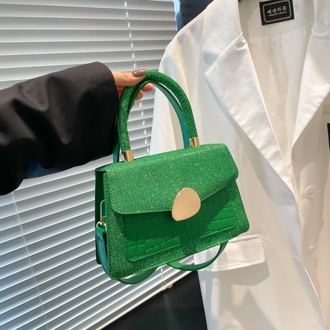 Women Crossbody Bag Retro PU Leather Crocodile Pattern Sequin Splicing Metallic Buckle Fashion Small Square Handbag