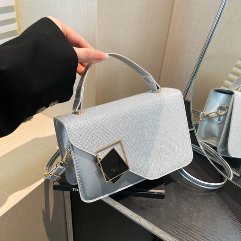 Borsa A Tracolla Da Donna Glitterata In Pelle PU Con Fibbia Geometrica Elegante Piccola Borsa A Spalla Quadrata Sera Festa