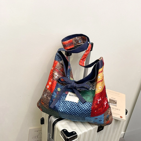 Women Patchwork Tote Bag Ethnic Bohemian Large Capacity Shoulder Handbag With Denim Bow Decor Contrast Color Casual