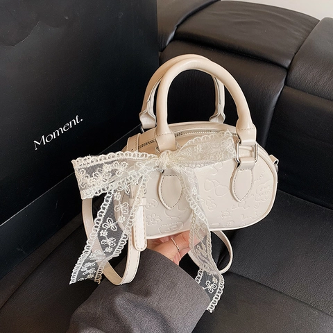 Sac À Main Boston En Simili Cuir Dentelle Noeud Motifs Dessins Animés Gaufrés Sac Bandoulière Style Vintage Doux