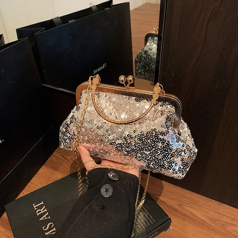 Vintage Pailletten Abendtasche Damen Klippverschluss Handtasche Mit Metallgriff Und Kette Schultertasche Für Hochzeit