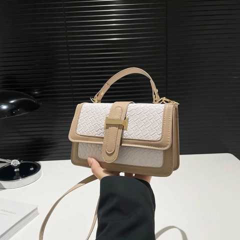 Women Shoulder Bag PU Leather Woven Texture Metal Buckle Crossbody Small Square Handbag Fashion Trendy Daily Use