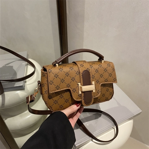 Vintage Retro Handtas Met Geometrische Print PU Leer Handvat Verstelbare Schouderband Gouden Hardware Crossbody Tas