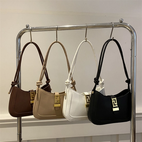 Sac Bandoulière Sous Les Aisselles En Cuir PU Femme Boucle Géométrique Dorée Noeud Sangle Croissant Hobo Rétro