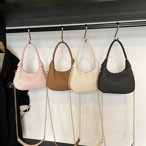 Damen PU Leder Gewebte Textur Hobo Tasche Retro Halbmond Achsel Schultertasche Mit Metallkettenriemen Pendler Mode