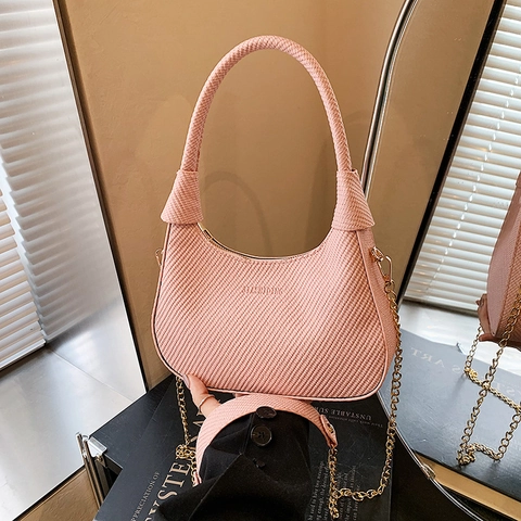 Damen PU Leder Gewebte Textur Hobo Tasche Retro Halbmond Achsel Schultertasche Mit Metallkettenriemen Pendler Mode