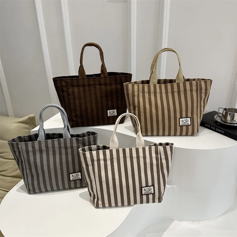 Bolso Tote de Lona a Rayas Verticales para Mujer Parche de Camping Cierre Magnético Bolso de Hombro Gran Capacidad