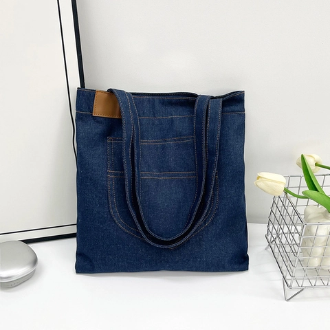 Women Casual Denim Tote Bag Large Capacity Minimalist Solid Color Dark Blue Denim Shoulder Bag For Student School Commute